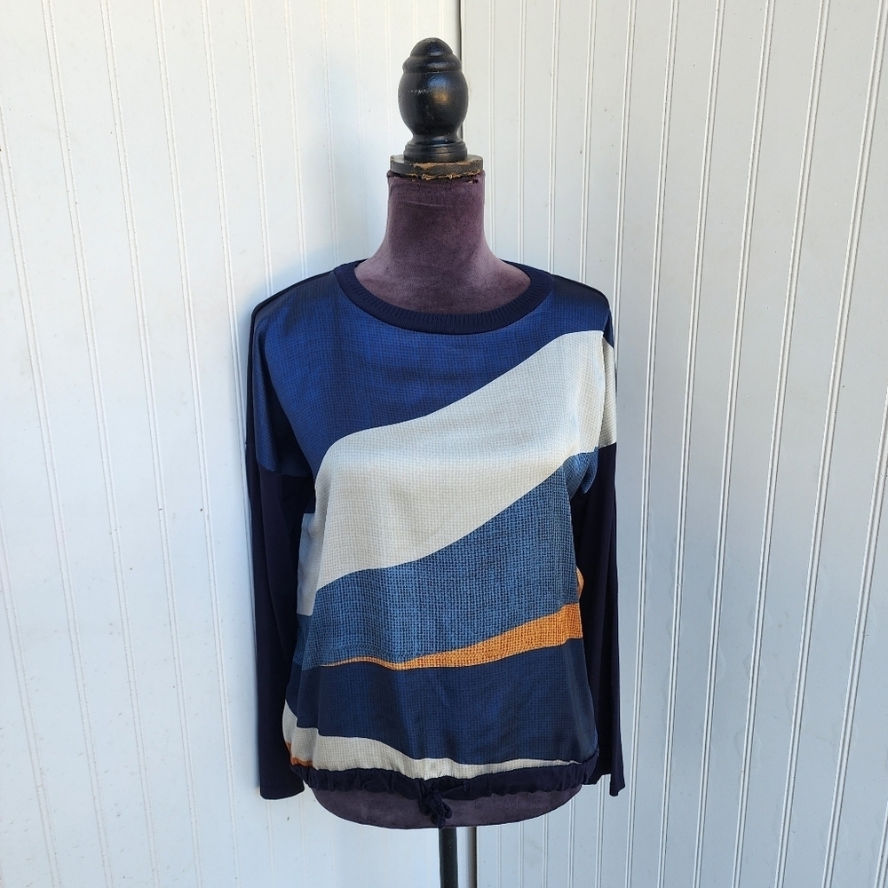Tinta Women's Satin Top Long Sleeve Blouse Stretch Nack Navy Blue Spain Sz M